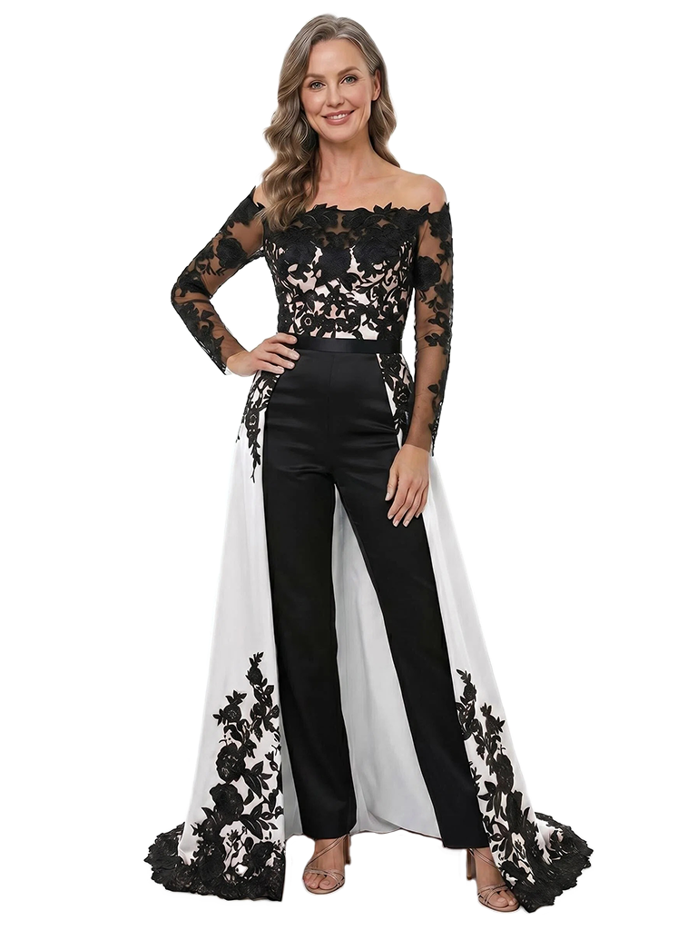 ChicSew Lace Satin Jumpsuit With Overskirt Mother Of The Groom Outfits Long Sleeve Floral Unique
