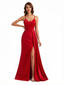 Women's Mermaid Ruched Satin Side Slit Long Formal Dresses With Waist Drape Spaghetti Straps V-Neck