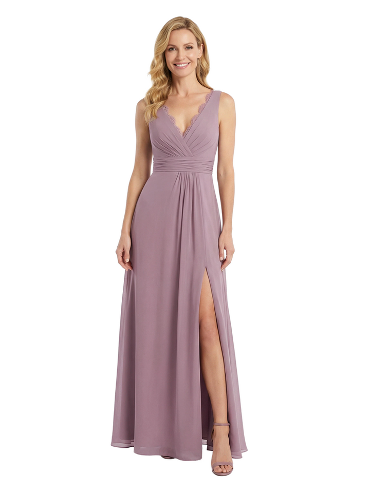 Chicsew Mother of The Bride Dresses V-Neck Sleeveless Chiffon Maxi Gown Elegant Lace Formal Wedding Event Attire