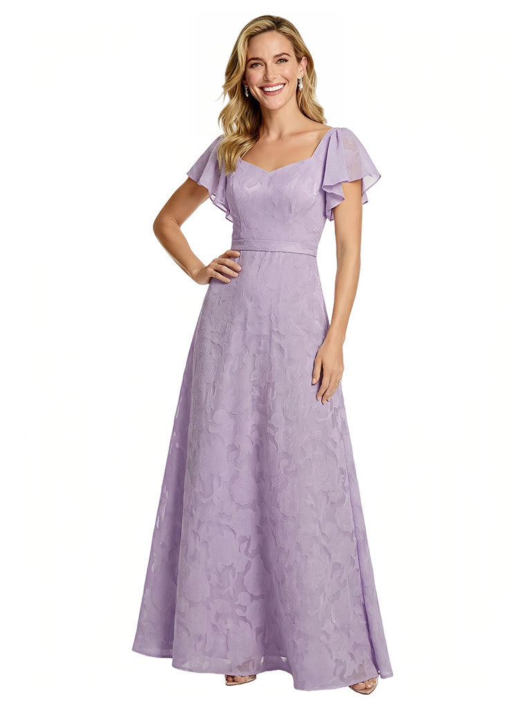 Elegant Flutter Sleeves Square Floral Burnout Chiffon A-Line Formal Evening Dresses