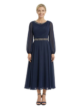 Chicsew Gorgeous Scoop Long Sleeve Chiffon Mother of The Bride Dress Midi A-Line Beaded Classy Gown