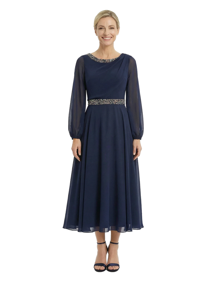 Chicsew Gorgeous Scoop Long Sleeve Chiffon Mother of The Bride Dress Midi A-Line Beaded Classy Gown