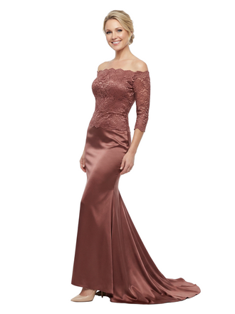 Chicsew Elegant Off Shoulder Lace 3/4 Sleeves Satin Mermaid Mother Of The Bride Dresses