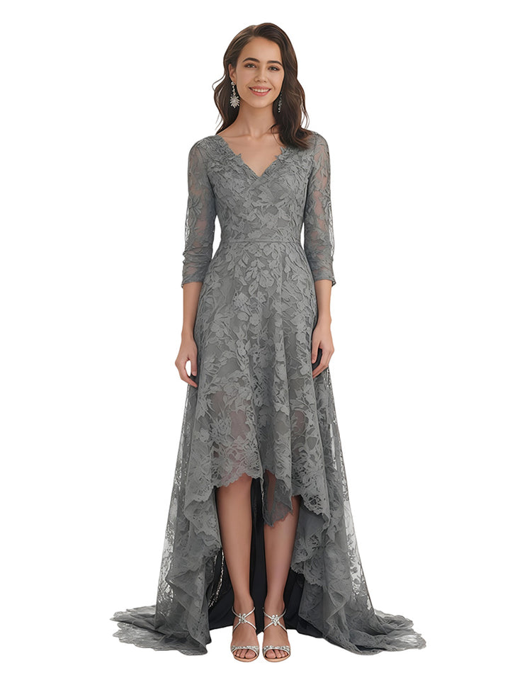 Elegant V-Neck 3/4 Sleeves Lace Chiffon A-line Floor-Length Mother of The Bride Dresses