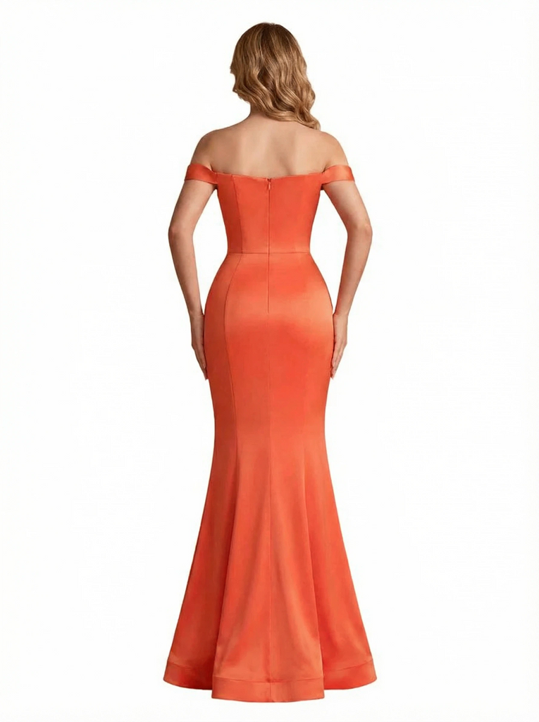 Sexy Off The Shoulder Side Slit Silky Satin Mermaid Long Evening Gown Dresses For Women