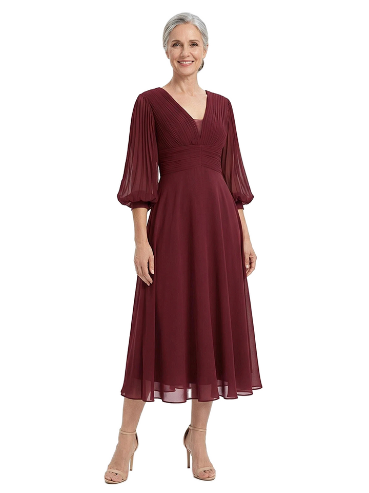 ChicSew V-Neck Pleated Chiffon Mother Of The Groom Dress With Long Lantern Sleeves A-Line Midi