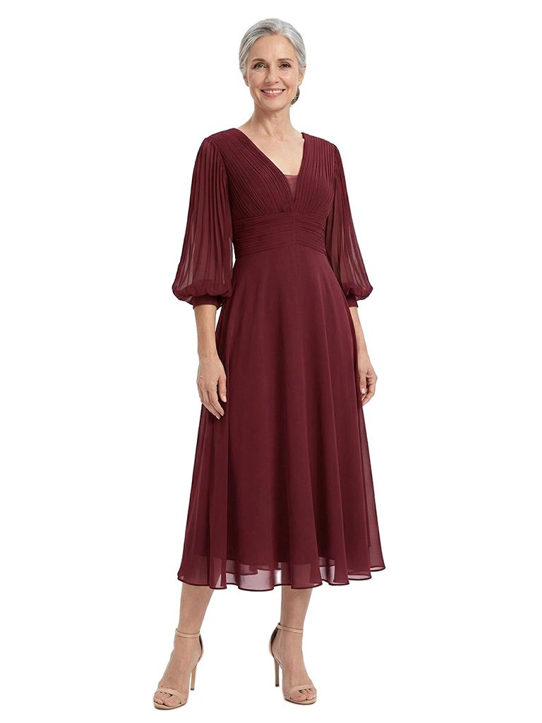 ChicSew V-Neck Pleated Chiffon Mother Of The Groom Dress With Long Lantern Sleeves A-Line Midi