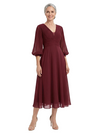 ChicSew V-Neck Pleated Chiffon Mother Of The Groom Dress With Long Lantern Sleeves A-Line Midi