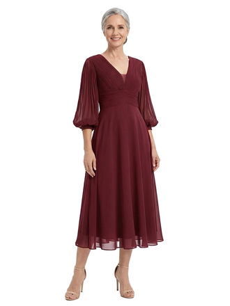 ChicSew V-Neck Pleated Chiffon Mother Of The Groom Dress With Long Lantern Sleeves A-Line Midi