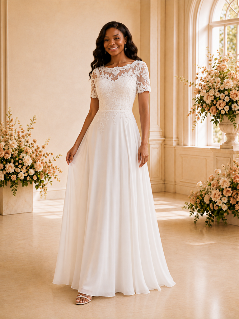 ChicSew Elegant Bateau Short Sleeves Chiffon Maxi Wedding Dress With Lace Appliques