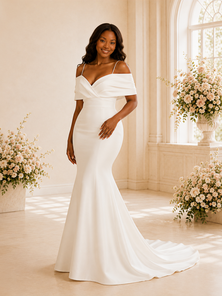 ChicSew Simple Spaghetti Straps Ruching Satin Mermaid Floor-Length Wedding Dress