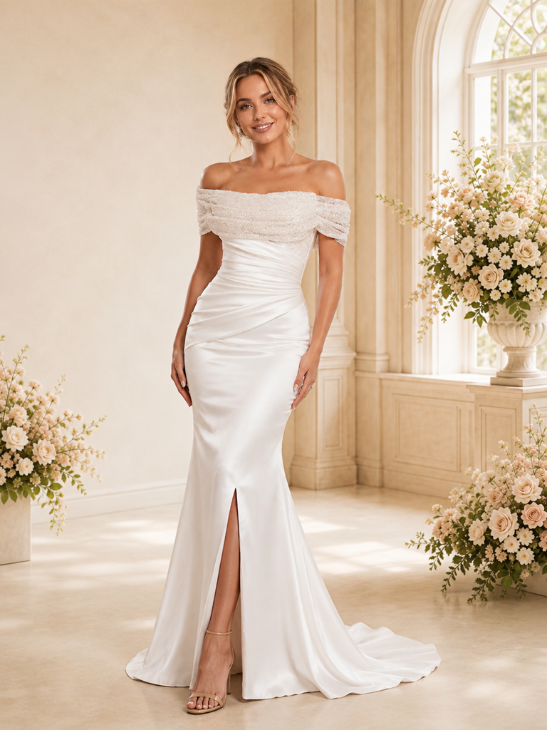 ChicSew Fancy Off The Shoulder Side Slit Ruching Mermaid Satin Floor-Length Wedding Dress