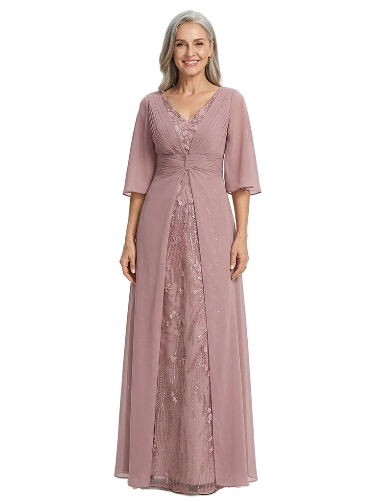 ChicSew V-Neck Flutter Sleeves A-Line Chiffon Ruched Mother Of The Bride Dress Sequin Gown