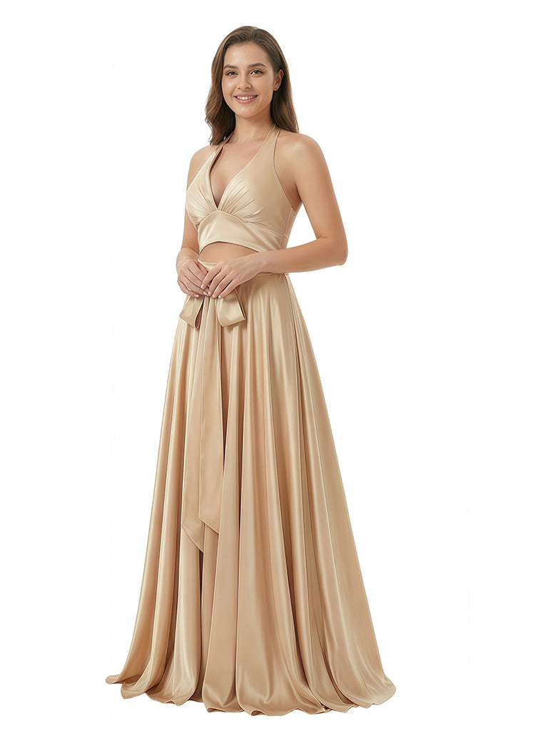 Sexy V-Neck Silky Satin A-Line Long Formal Dresses For Women