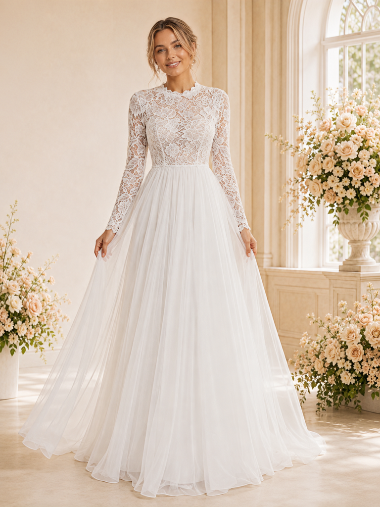 ChicSew Fancy Round Neck Long Sleeves Lace Tulle Long A-Line Wedding Dress