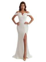 Elegant Off The Shoulder Mermaid Satin Long Bridesmaid Dresses Slit Hand Made Flower