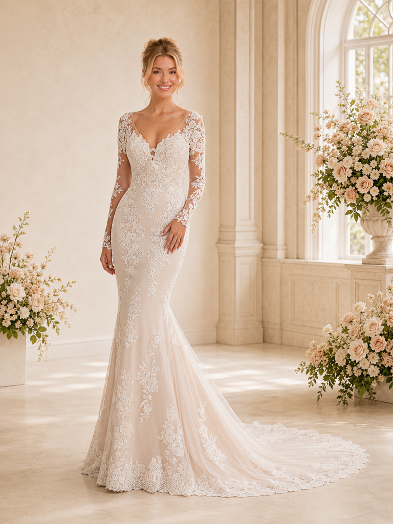 ChicSew Romantic V-Neck Long Sleeves Lace Tulle Mermaid Wedding Dresses With Train