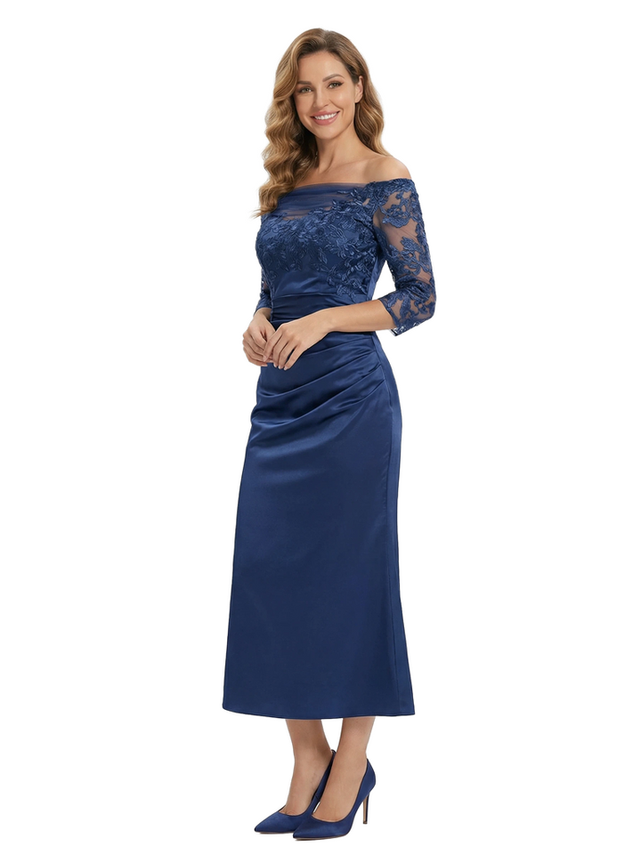 Chicsew Elegant Off Shoulder Lace Mother of The Groom Dress 3/4 Sleeves Satin Midi Classy Formal Occasion Gown