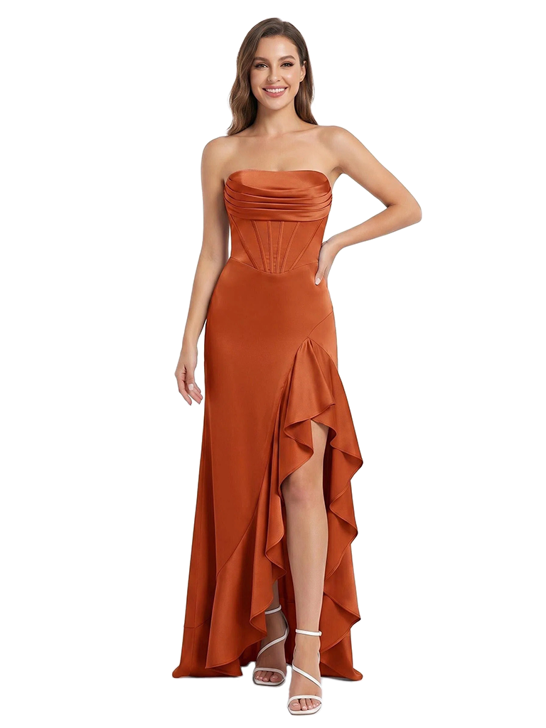 Chicsew Fancy Strapless Soft Satin Mermaid Long Bridesmaid Dresses With Ruffled Side Slit