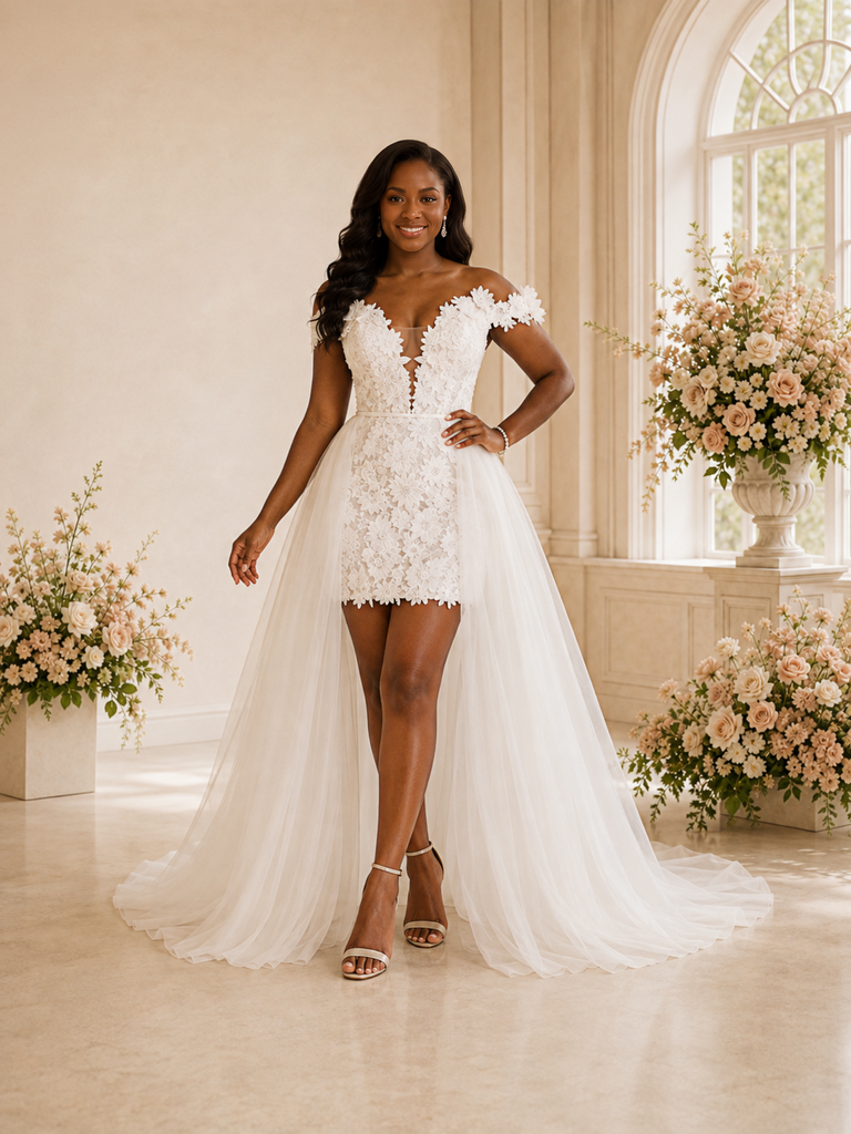 ChicSew Beautiful Off The Shoulder Lace Tulle Sheath High-Low Wedding Dress