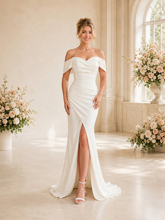ChicSew Classic Off Shoulder V-Neck Ruching Side Slit Satin Mermaid Floor-Length Wedding Dresses
