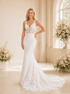 ChicSew Sexy V-Neck Mermaid Lace Applique Crepe Long Wedding Dress Open Back With Button