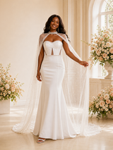 ChicSew Unique Fancy Mermaid Sweetheart Crepe Beaded Maxi Long Wedding Dress With Lace Cape