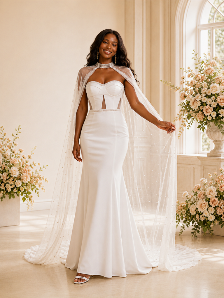 ChicSew Unique Fancy Mermaid Sweetheart Crepe Beaded Maxi Long Wedding Dress With Lace Cape