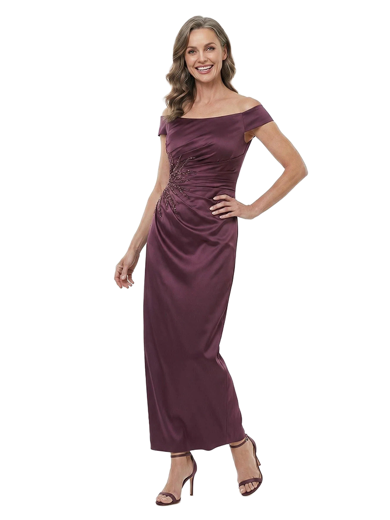 ChicSew Off The Shoulder Beaded Satin Sheath Mother of the Bride Dress