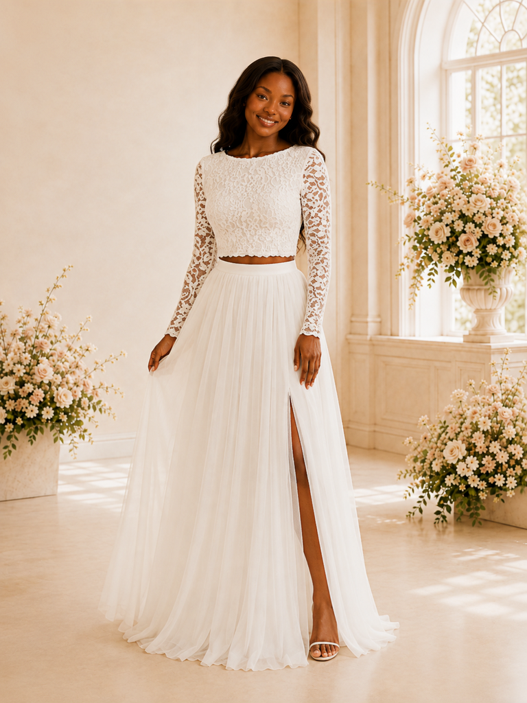 ChicSew Elegant Two Piece A-Line Bateau Long Sleeves Lace Chiffon Maxi Wedding Dress
