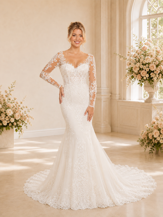 ChicSew Romantic V-Neck Lace Tulle Long Sleeves Mermaid Maxi Wedding Dresses