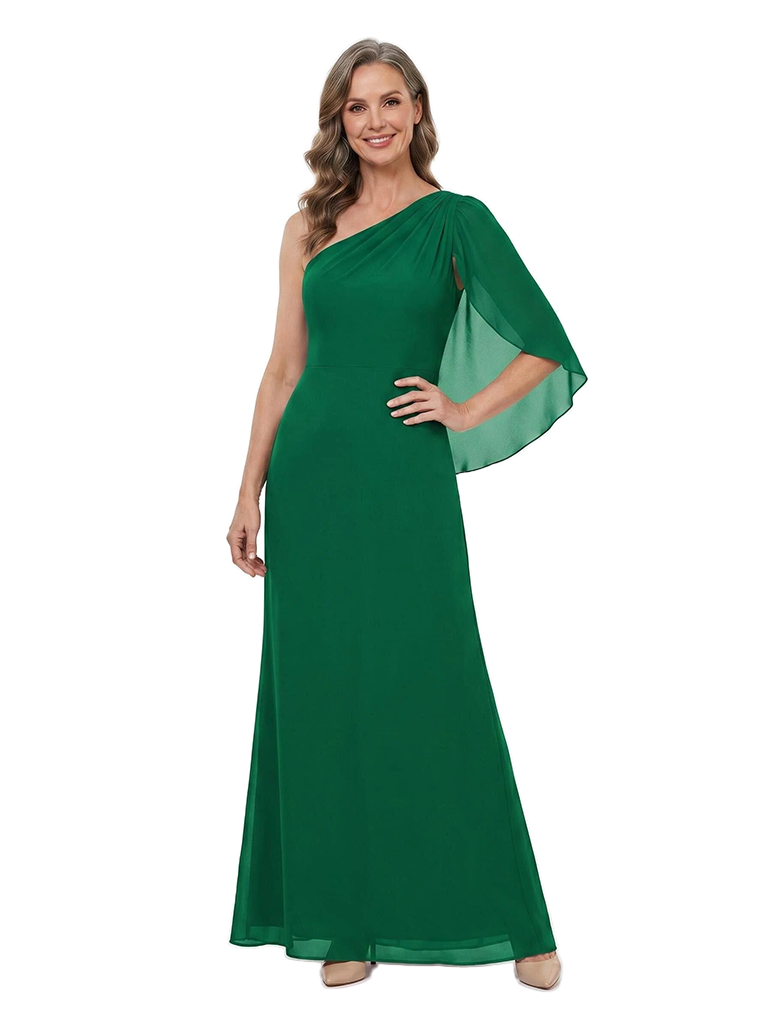 Chicsew One Shoulder Cape Sleeve Chiffon Long Mother of The Groom Dresses