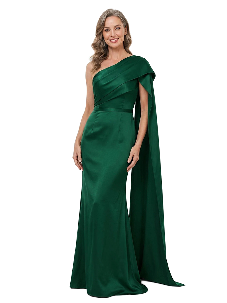 ChicSew One Shoulder Draped Cape Mermaid Satin Long Mother Of The Groom Gowns Sexy Unique Design