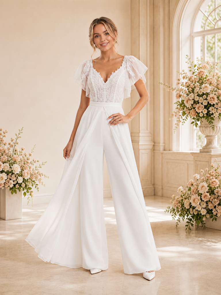 ChicSew Modern Unique V-Neck Flutter Sleeves Chiffon Applique Floor-Length Wedding Jumpsuit With Overskirt