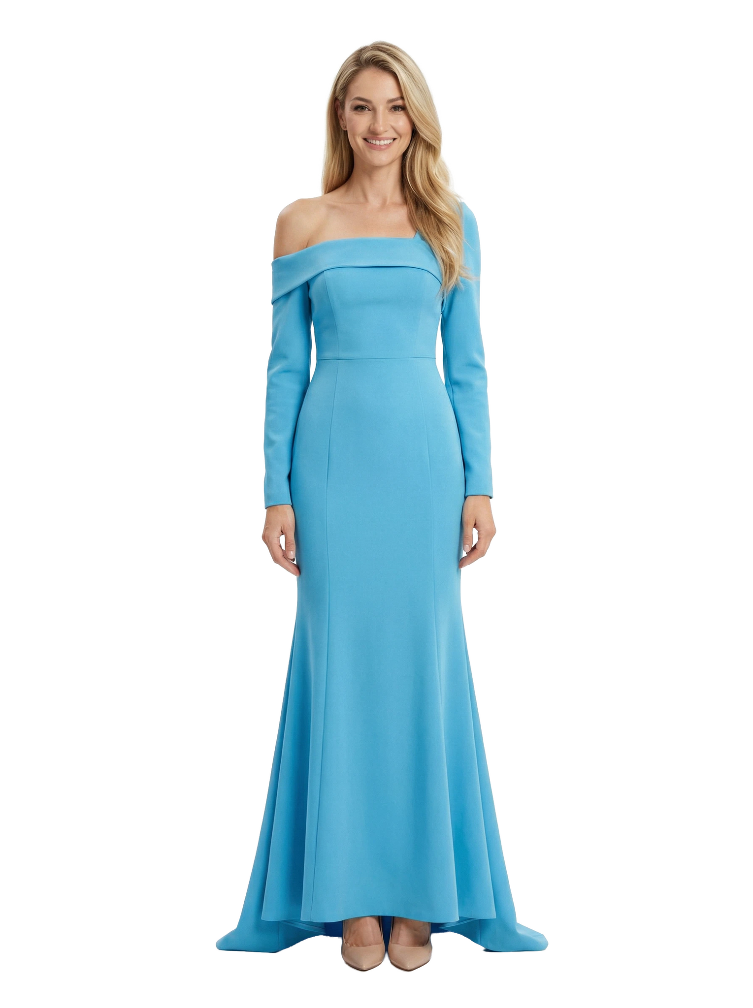 Chicsew Mother of The Bride Dress One Shoulder Long Sleeve Crepe Trumpet Maxi Gown Modern Silhouette