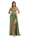 Ladies Silky Satin Mermaid Maxi Evening Gowns For Women Spaghetti Straps Side Slit Boning