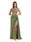 Ladies Silky Satin Mermaid Maxi Evening Gowns For Women Spaghetti Straps Side Slit Boning