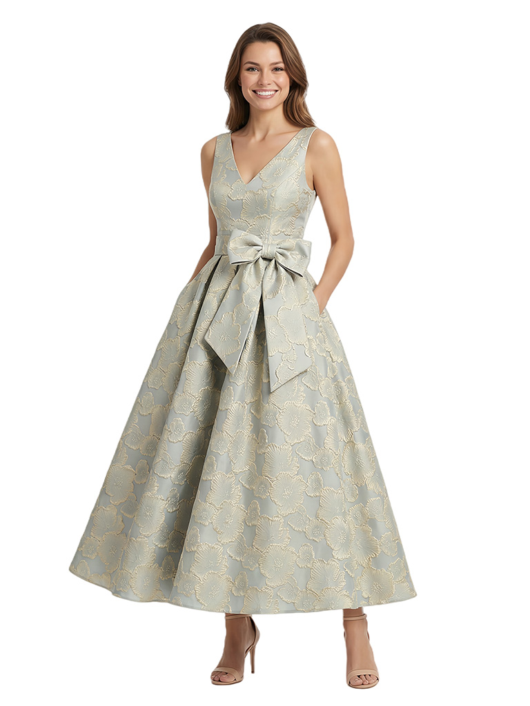 ChicSew Elegant Floral Jacquard V-Neck A-Line Sleeveless Tea Length Formal Evening Dresses