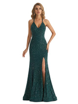 Shiny Spaghetti Straps V-Neck Mermaid Glitter Jersey Long Formal Dresses For Women