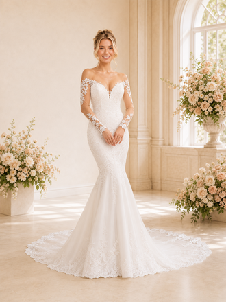 ChicSew Delicate Mermaid Lace Tulle Off The Shoulder Long Sleeves Maxi Wedding Dresses With Train
