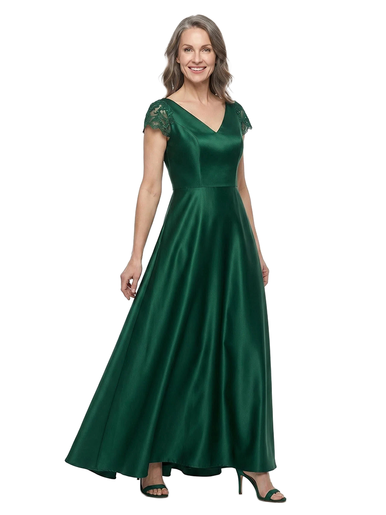 ChicSew V-Neck Short Sleeve Lace Applique Satin Floor Length A-Line Mother of the Bride Dress