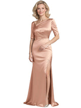 Elegant Satin Asymmetric Half Sleeves Side Slit Mermaid Long Mother Of The Bride Dresses