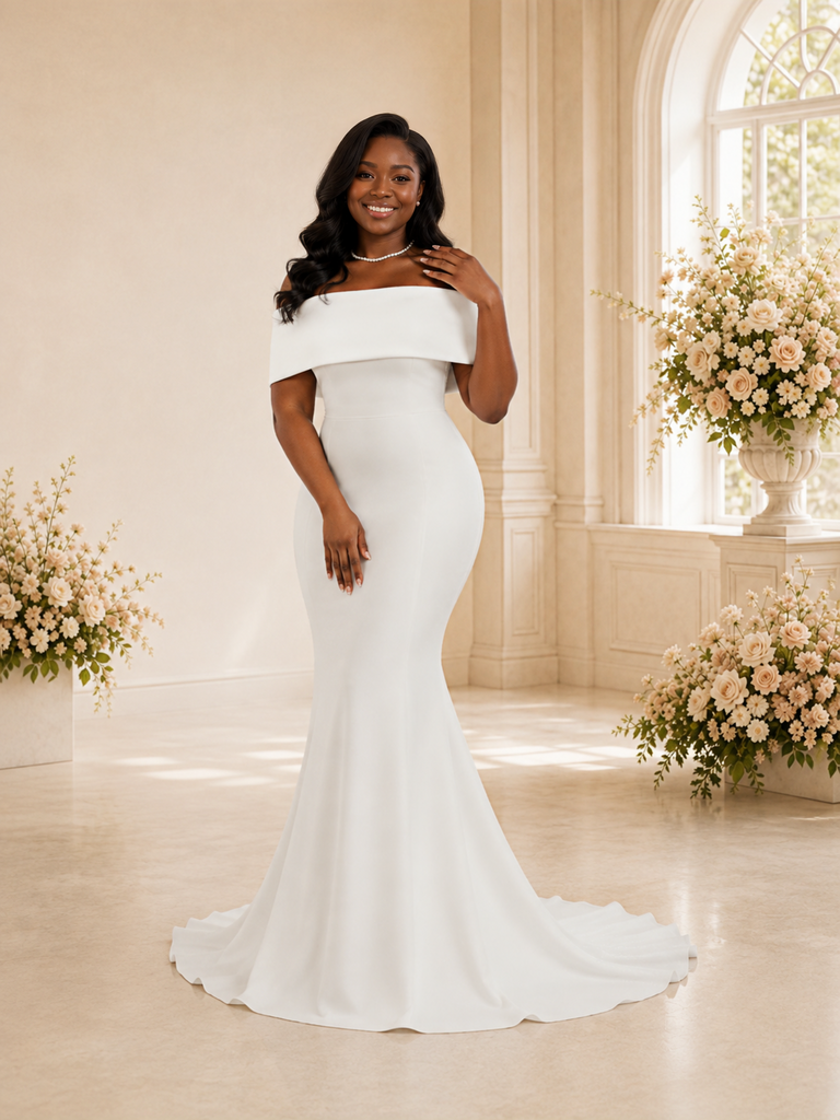ChicSew Fancy Off The Shoulder Crepe Mermaid Maxi Long Wedding Dress