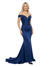 ChicSew Pretty Off The Shoulder V-Neck Beaded Ruched Mermaid Satin Maxi Long Evening Gown