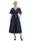 Chicsew Elegant Mother Of The Bride Dress V-Neck Short Sleeves Satin A-Line Tea-Length Gown