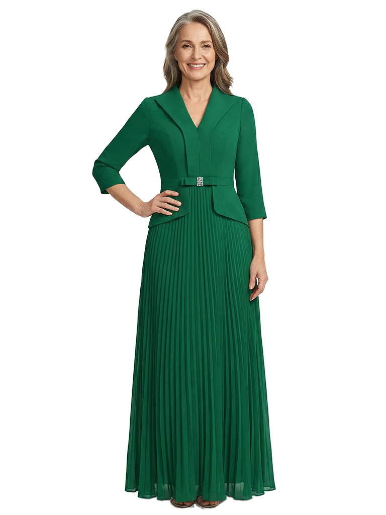ChicSew V-Neck Long Sleeve Pleated Skirt Long Chiffon Mother Of The Bride And Groom Dresses