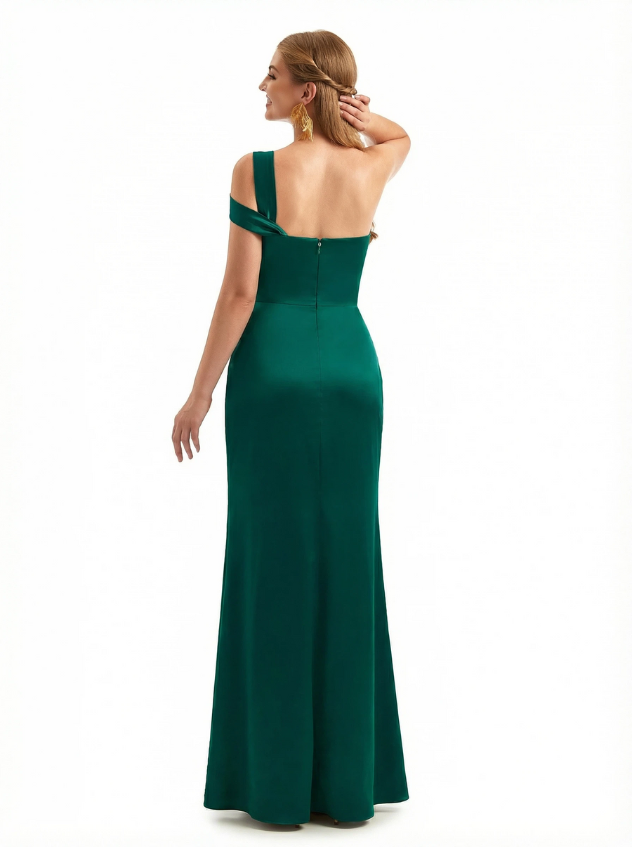 Sexy One Shoulder Silky Satin Mermaid Long Evening Gown Dresses For Women Side Slit