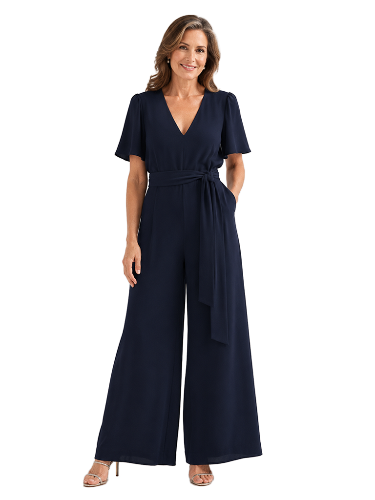 ChicSew V-Neck Chiffon Mother Of The Groom Jumpsuit With Short Sleeves