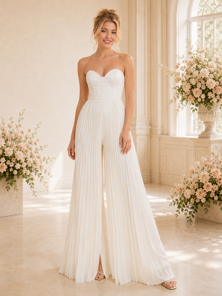 ChicSew Elegant Sweetheart Chiffon Pleated Floor-Length Wedding Jumpsuit