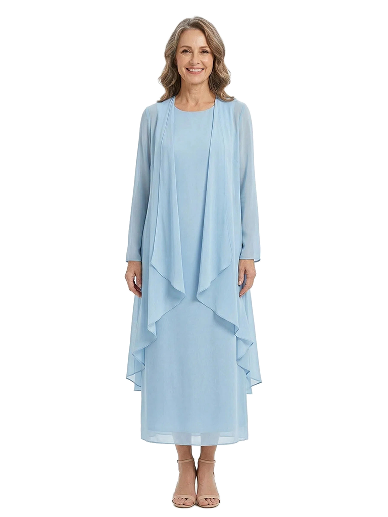 ChicSew Jewel Long Sleeve Chiffon Tea Length Mother Of The Bride Dresses and Jacket